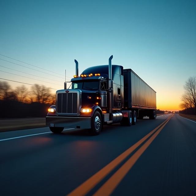 SLYBS hot shot truck with gooseneck trailer moving quickly at dawn
