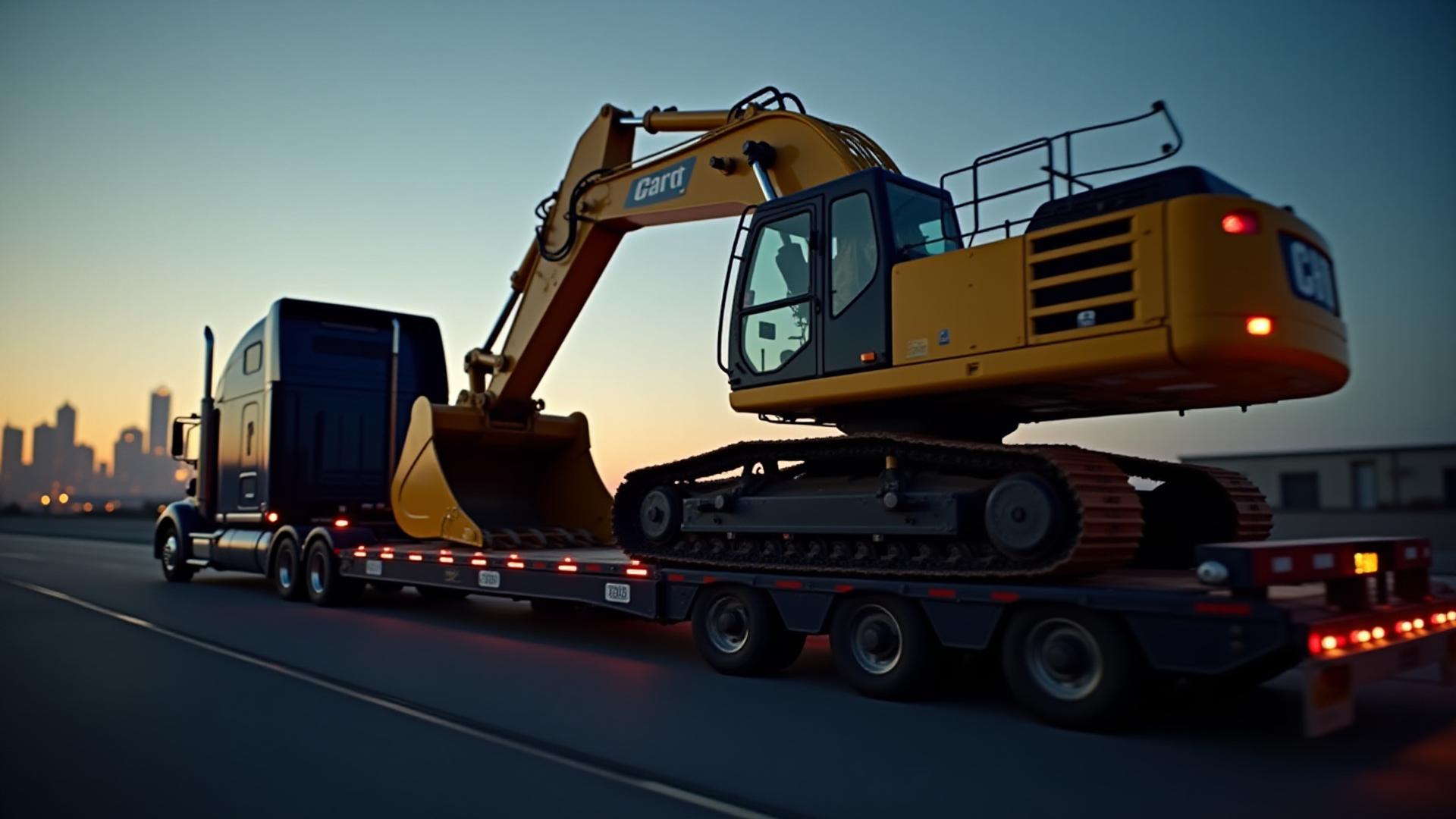 Large yellow excavator on a SLYBS heavy haul lowboy trailer in Detroit
