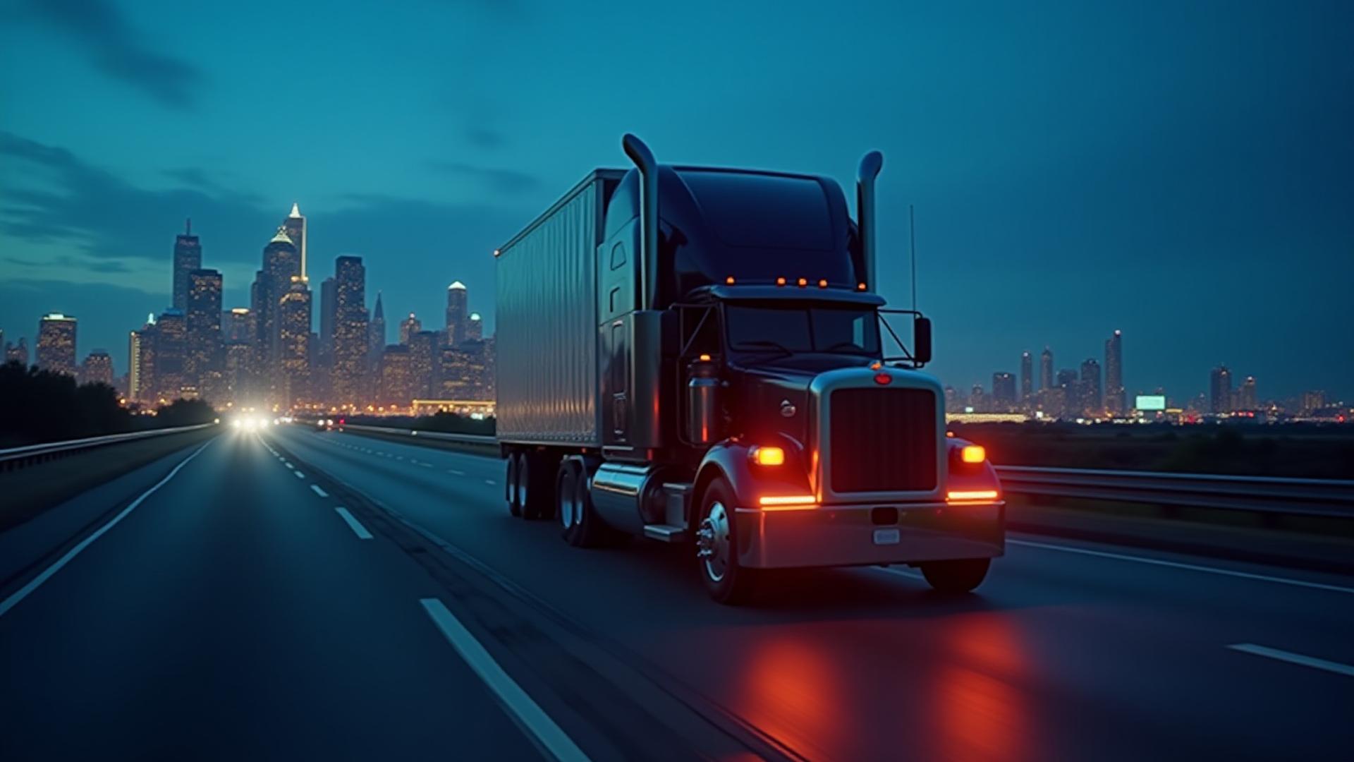 SLYBS Heavy-duty truck driving through Detroit at dusk with skyline background