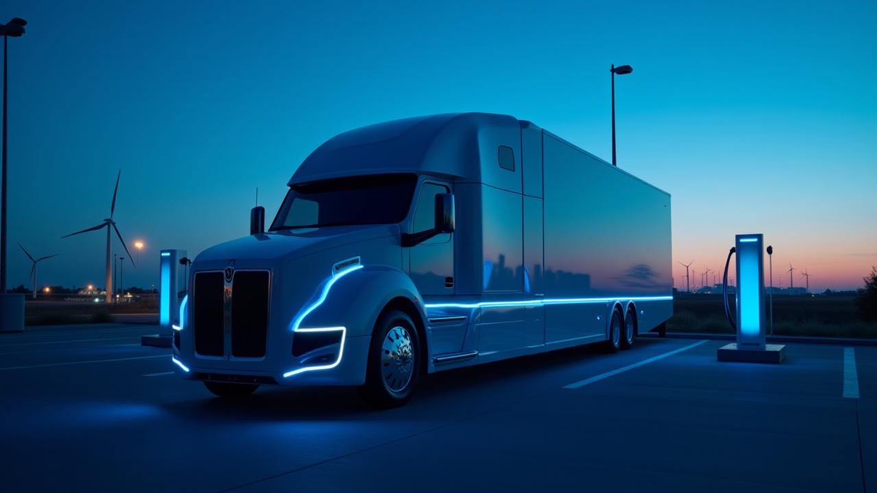 Sleek modern electric semi-truck charging at a high-tech station in Detroit